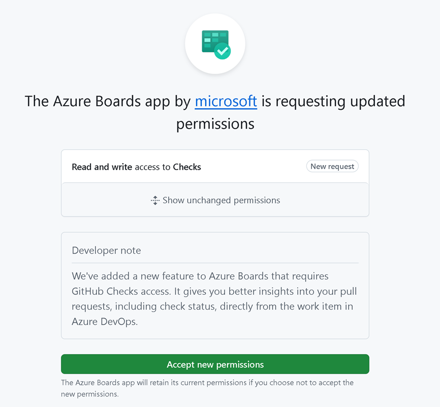 Screenshot de la boîte de dialogue autorisations de l’application Azure Boards GitHub affichant les autorisations de vérification mises à jour.