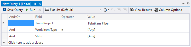 Capture d'écran de l'éditeur de requêtes de Visual Studio, requête en liste plate.