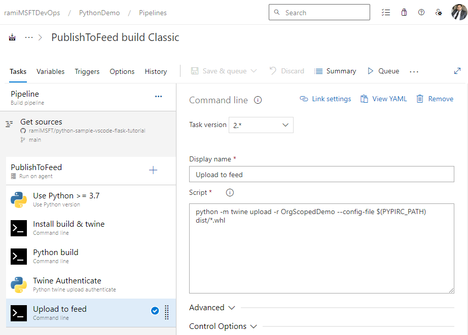 Capture d’écran montrant un pipeline Classique pour publier des packages Python dans un flux Azure Artifacts.