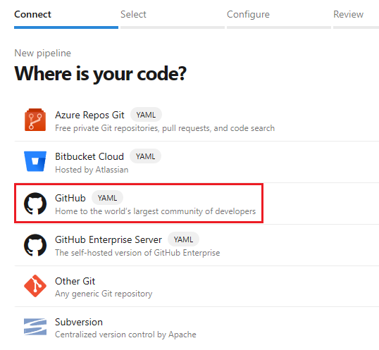 Capture d’écran de la sélection de GitHub comme emplacement de votre code.