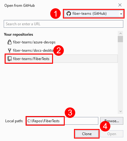 Capture d’écran de la fenêtre «&nbsp;Ouvrir à partir de GitHub&nbsp;» dans Visual Studio.