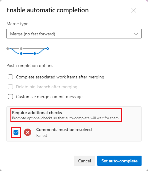 Capture d’écran montrant la modification d’une stratégie de facultative à obligatoire dans le panneau d'activation de l'achèvement automatique.