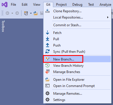 Capture d’écran de l’option « Nouvelle branche » dans le menu Git de Visual Studio.