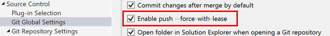 Capture d’écran montrant la case à cocher pour activer la force push avec bail dans la boîte de dialogue Options de Visual Studio.