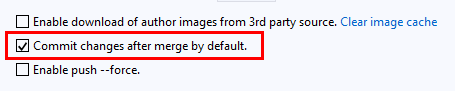 Capture d’écran montrant la case à cocher pour valider les modifications après la fusion par défaut dans Team Explorer dans Visual Studio 2019.