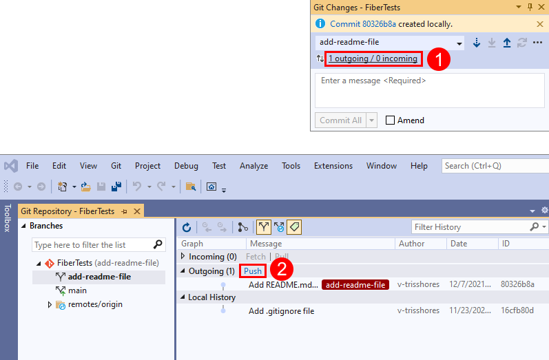 Capture d’écran du lien «&nbsp;sortant / entrant&nbsp;» dans la fenêtre «&nbsp;Modifications Git&nbsp;» et du lien Envoyer (push) dans la fenêtre «&nbsp;Référentiel Git&nbsp;» de Visual Studio.