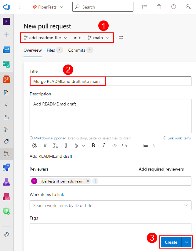 Capture d’écran du formulaire «&nbsp;Nouvelle Pull Request&nbsp;» dans le portail web Azure Repos.