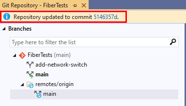 Capture d’écran du message de confirmation de fusion dans la fenêtre Dépôt Git de Visual Studio 2019.