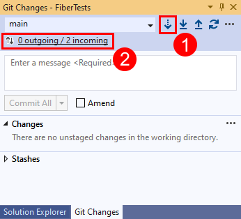 Capture d’écran des boutons Fetch et lien Entrant dans la fenêtre Modifications Git de Visual Studio 2019.