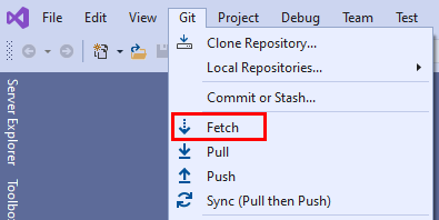 Capture d’écran de l’option Fetch dans le menu Git de Visual Studio 2019.