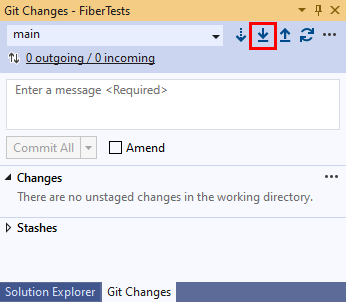 Capture d’écran du bouton Extraire dans la fenêtre Modifications Git de Visual Studio 2019.