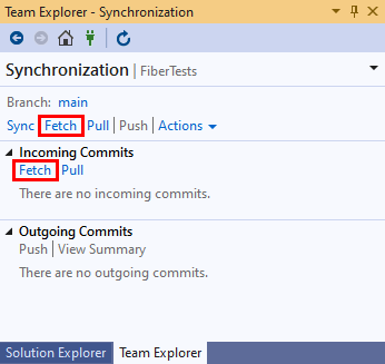 Capture d’écran du bouton Récupérer dans la vue Synchronisation de Team Explorer dans Visual Studio 2019.