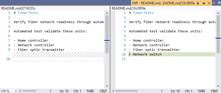 Capture d’écran d’une fenêtre de différences de fichier dans Visual Studio 2019.