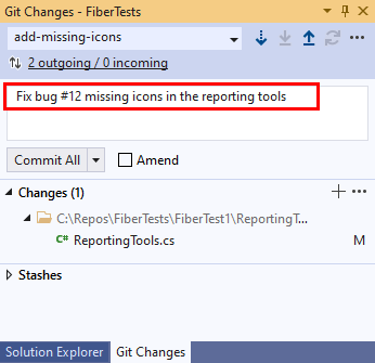 Capture d’écran d’un élément de travail lié à une validation dans la fenêtre «&nbsp;Modifications Git&nbsp;» dans Visual Studio.