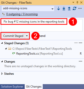 Capture d’écran du bouton «&nbsp;Tout valider&nbsp;» dans la fenêtre «&nbsp;Modifications Git&nbsp;» dans Visual Studio.