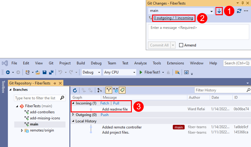 Capture d’écran des boutons Récupérer (fetch), Tirer (pull), Envoyer (push) et Synchroniser dans la fenêtre «&nbsp;Modifications Git&nbsp;» de Visual Studio.