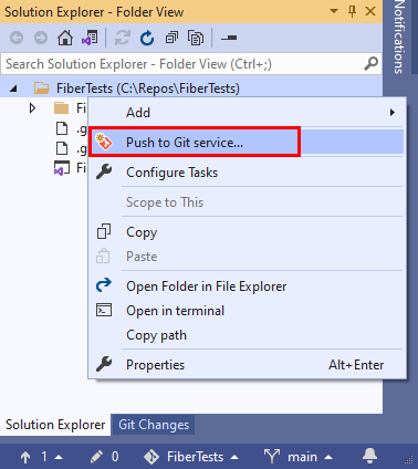 Capture d’écran de l’option de menu «&nbsp;Envoyer (push) vers le service Git&nbsp;» dans le menu Git dans la barre de menu de Visual Studio&nbsp;2019.