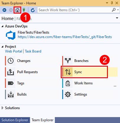 Capture d’écran de l’option Sync dans Team Explorer dans Visual Studio&nbsp;2019.