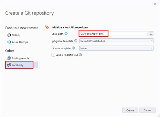 Capture d’écran de la fenêtre «&nbsp;Créer un référentiel Git&nbsp;» avec l’option «&nbsp;Local uniquement&nbsp;» sélectionnée dans Visual Studio&nbsp;2022.