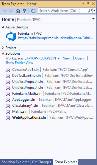 Capture d’écran montrant solutions dans la page d’accueil de Team Explorer.