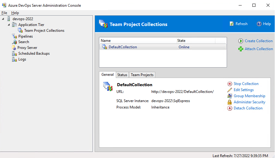 Capture d’écran de la console d'administration, nœud Collections de projets d'équipe, Azure DevOps Server 2022.