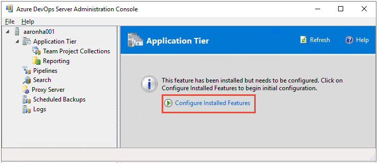 Capture d’écran de l’Assistant du Centre de configuration du serveur Azure DevOps, niveau d'application, choisir la configuration des fonctionnalités installées. 