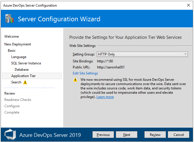 Capture d’écran de l’Assistant Configuration du serveur, page Couche d'application, 2022.