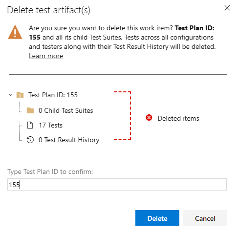Capture d’écran montrant la boîte de dialogue Supprimer les artefacts de test.