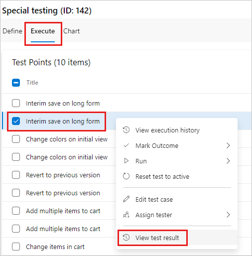 La capture d’écran montre la sélection de l’option Afficher les résultats du test dans le menu contextuel.
