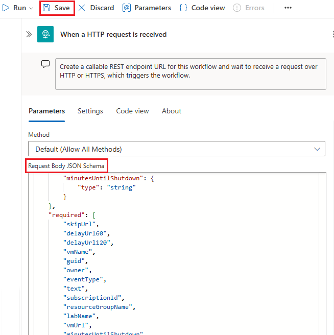 Capture d’écran montrant la section Schéma JSON du corps de la demande dans le concepteur.