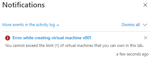 Capture d’écran montrant l’erreur que l’utilisateur ne peut pas dépasser sa limite de machine virtuelle.