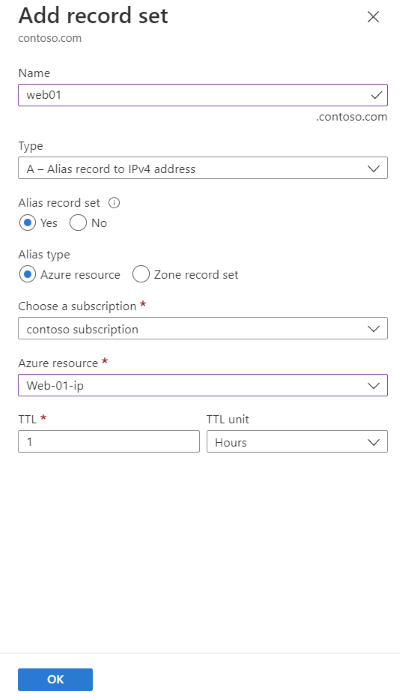 Capture d'écran de l'ajout d'un enregistrement d'alias référant à l'IP publique Azure du serveur web en utilisant la page Ajouter un ensemble d'enregistrements.