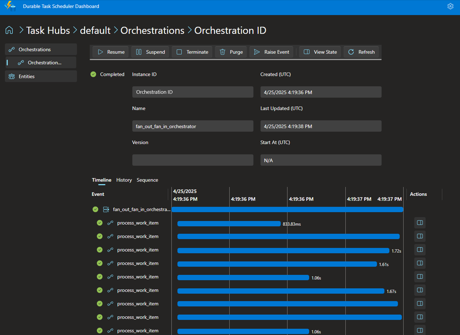 Capture d’écran montrant les détails de l’instance d’orchestration pour l’exemple Python.