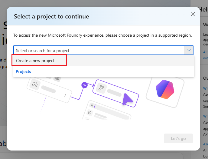 Capture d’écran du portail Foundry montrant la liste déroulante de sélection du projet avec l’option Créer un projet mise en surbrillance.