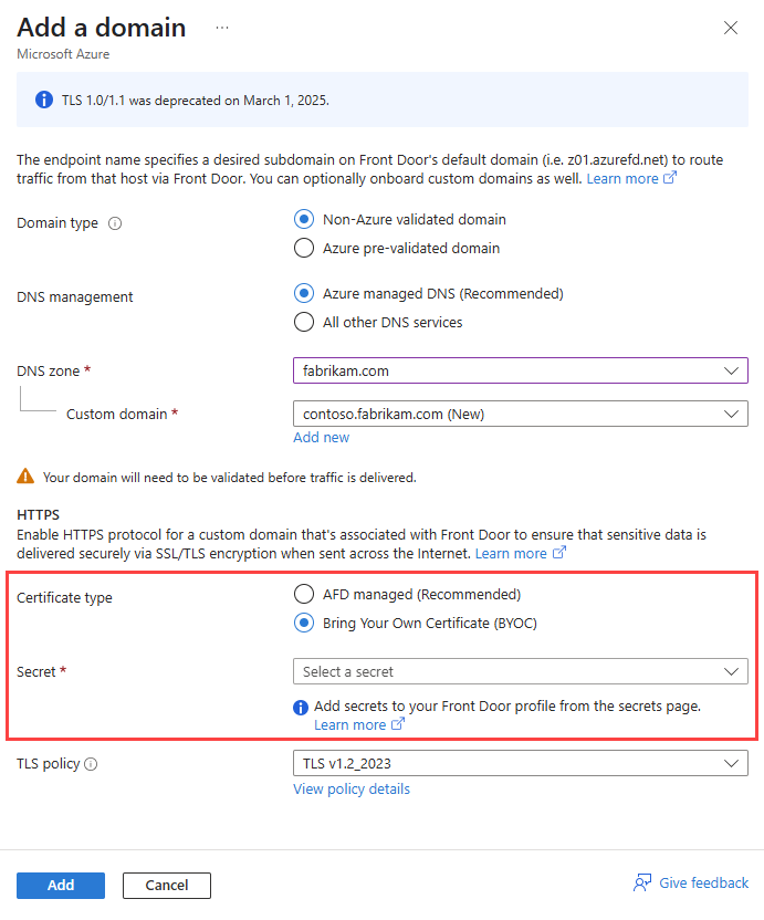 Capture d’écran montrant le volet Ajouter un domaine personnalisé avec HTTPS.