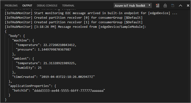 Screenshot de la fenêtre de sortie Visual Studio Code montrant les messages entrants appareil-à-cloud.