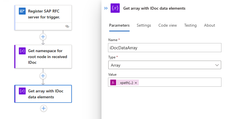 Capture d’écran montrant le workflow Consommation et l’action avec l’expression pour obtenir un tableau IDocs.