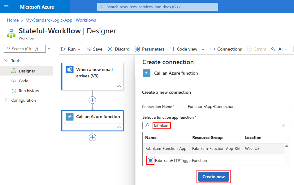 Capture d’écran montrant le concepteur de flux de travail Standard avec une application de fonction sélectionnée et une fonction dans Créer une connexion.