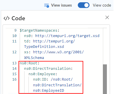 La capture d’écran affiche le volet Code avec un mappage direct entre EmployeeID et ID dans les schémas source et cible, respectivement.