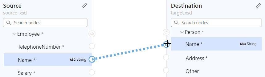 La capture d'écran montre la surface du mappeur et dessine une correspondance entre les éléments Name dans les tableaux source Employee et cible Person.