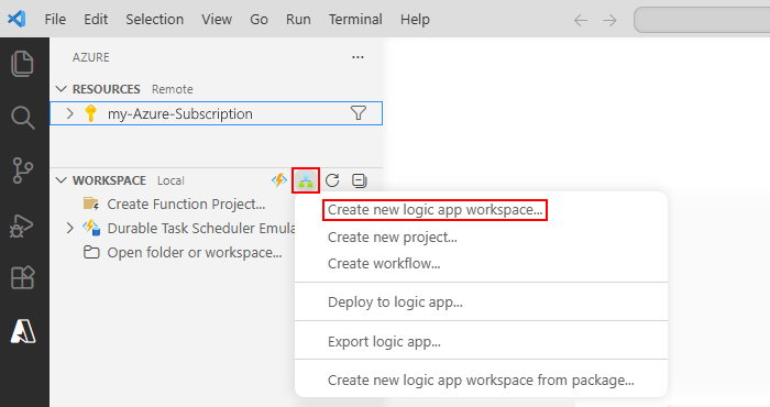 Screenshot affiche Visual Studio Code avec la fenêtre Azure, la barre d’outils de section Espace de travail et l’option sélectionnée pour Créer un espace de travail d’application logique.