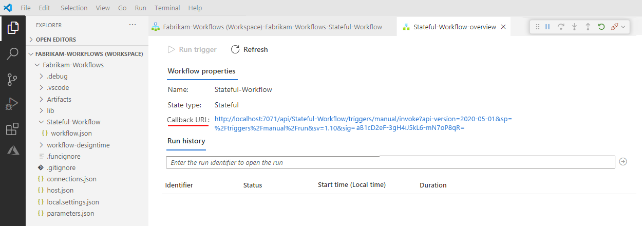 Capture d’écran montrant la page vue d’ensemble du flux de travail avec l’URL de rappel.