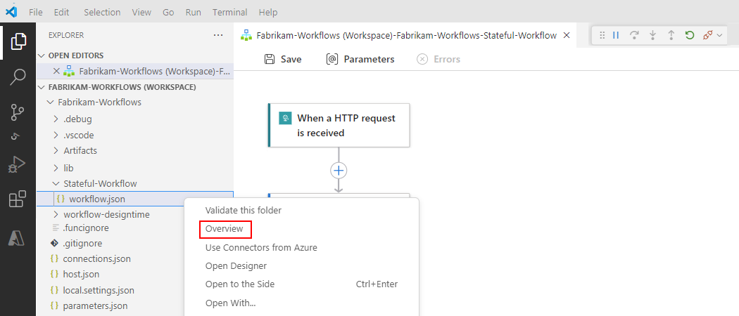 Capture d’écran montrant le volet Explorateur, le menu contextuel du fichier workflow.json avec l’option sélectionnée, Vue d’ensemble.