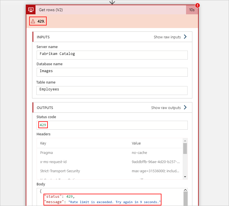 Capture d’écran montrant un flux de travail Consommation avec une action SQL Server avec une erreur 429.
