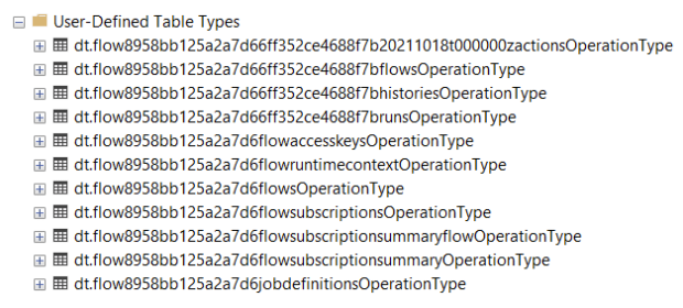 Capture d’écran montrant les types de tables SQL définis par l’utilisateur créés par le runtime Azure Logic Apps monolocataire.