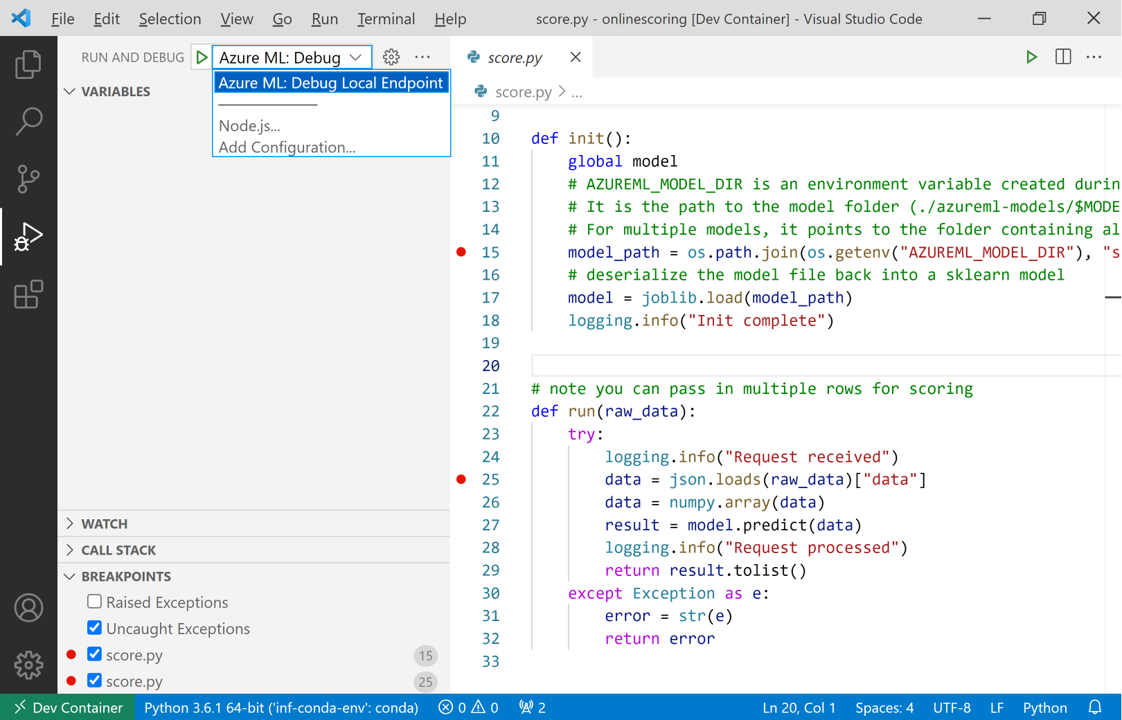 Capture d’écran montrant comment configurer le profil de débogage d’environnement local Azure Machine Learning.