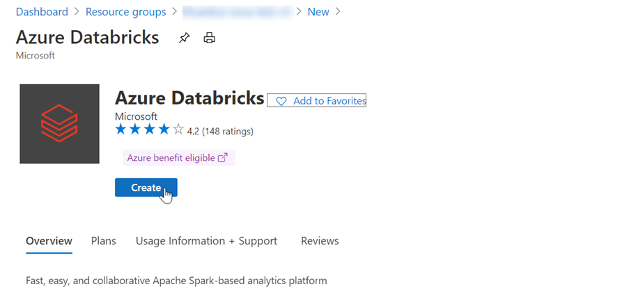 Capture d’écran montrant l’offre Azure Databricks avec Créer sélectionné.