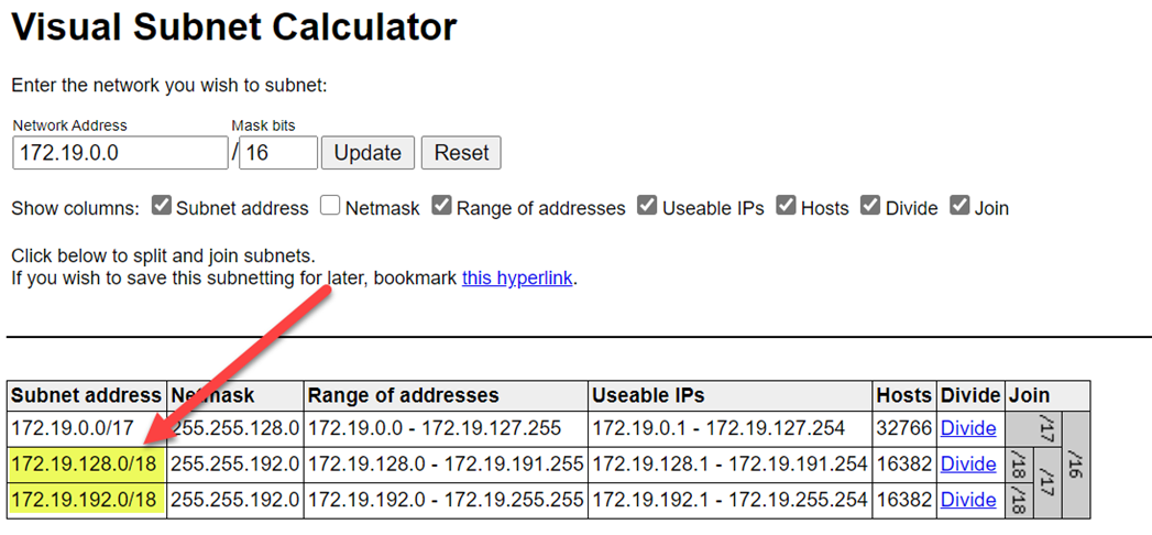 Capture d’écran montrant la calculatrice de sous-réseau visuel avec deux adresses réseau identiques mises en surbrillance.