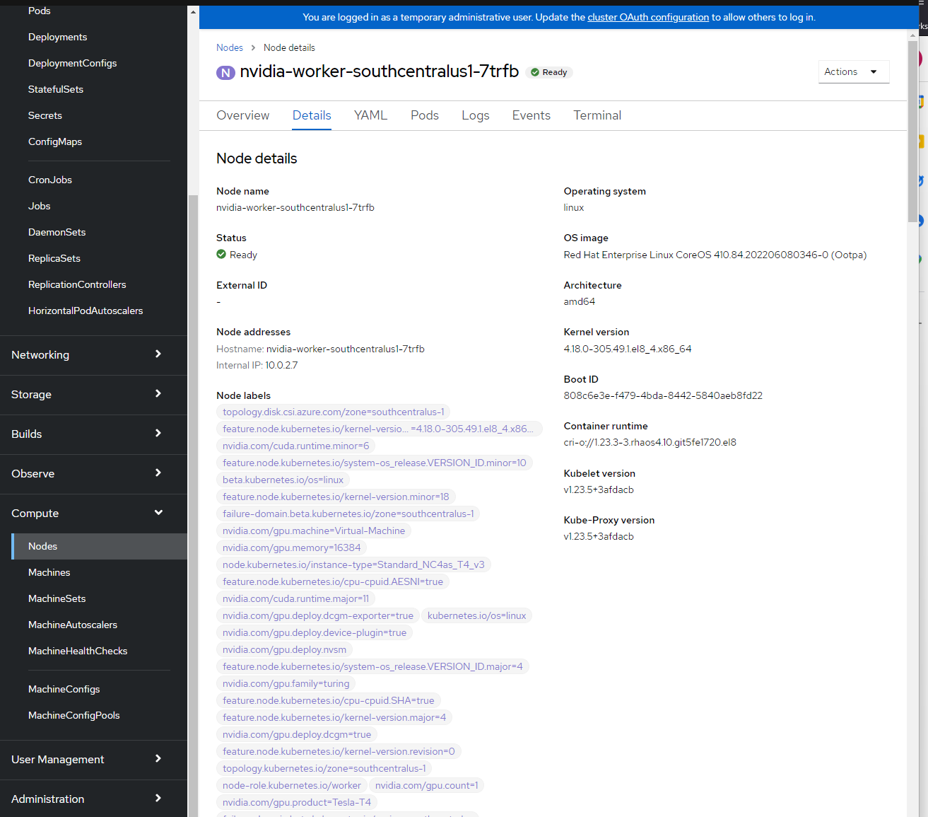 Capture d’écran d’étiquettes de GPU sur une console OpenShift.