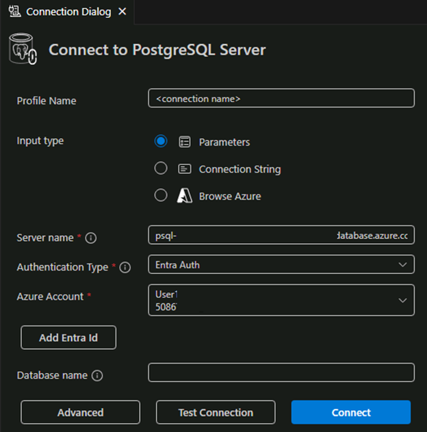 Capture d’écran de la boîte de dialogue connexion de l’extension PostgreSQL pour Visual Studio Code.